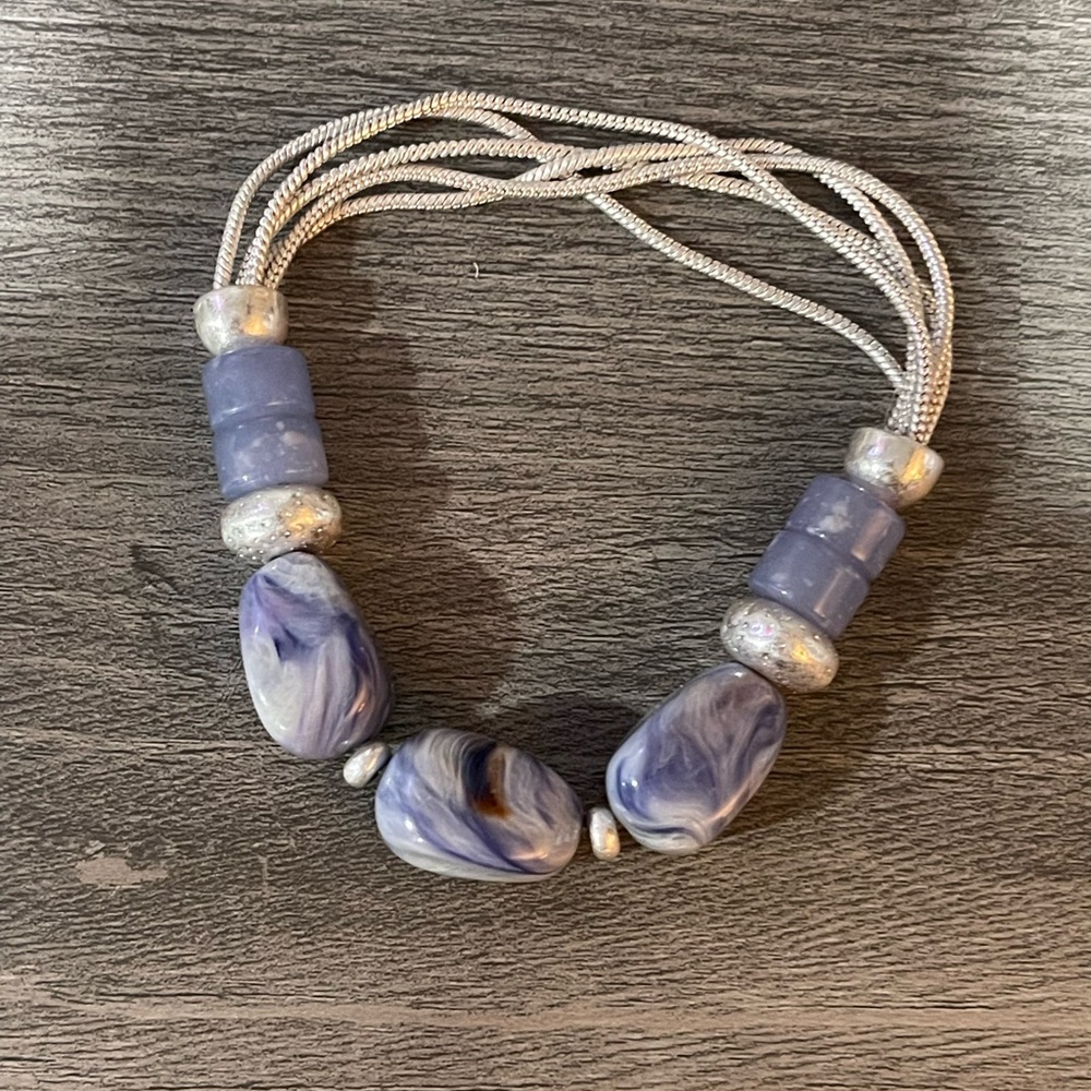 Multi Strand Silver Cord Bracelet Purple Marbled Beads Boho Chunky Statement